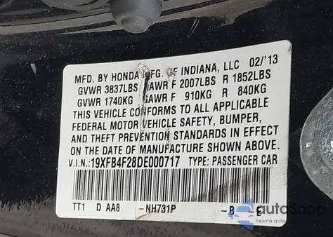 2013 Honda Civic Hybrid z USA, uszkodzony, nr VIN 19XFB4F28DE000717